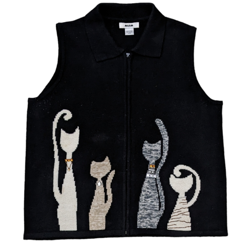 Alia embellished cat silhouette collared zip-up sweater vest